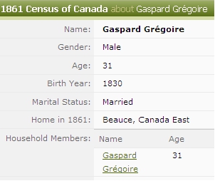 Image of potion of 1861 Canada Census on Gaspard Gregoire